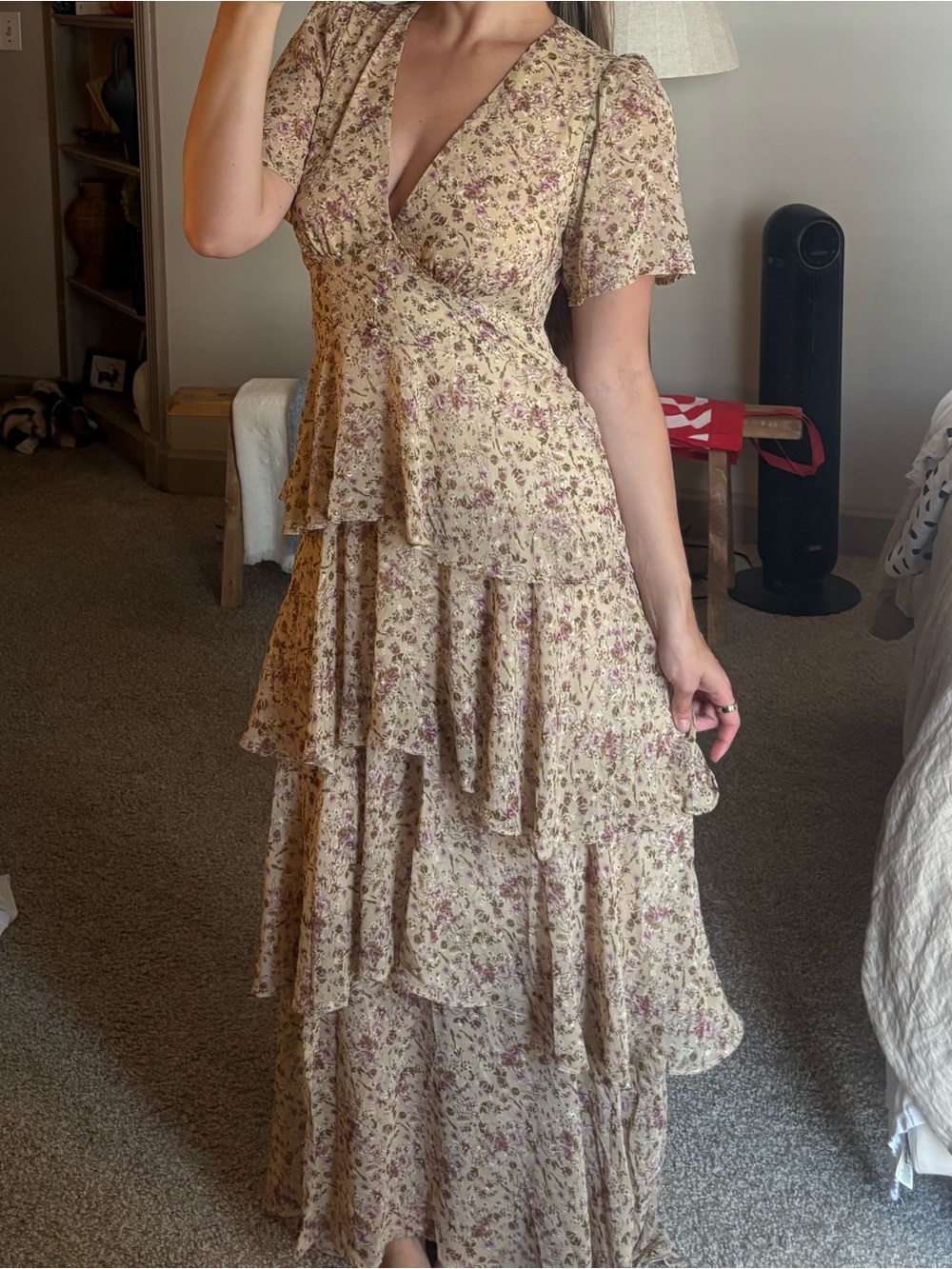 Astr Floral Tiered Maxi Dress in Cream and Dusty Pink